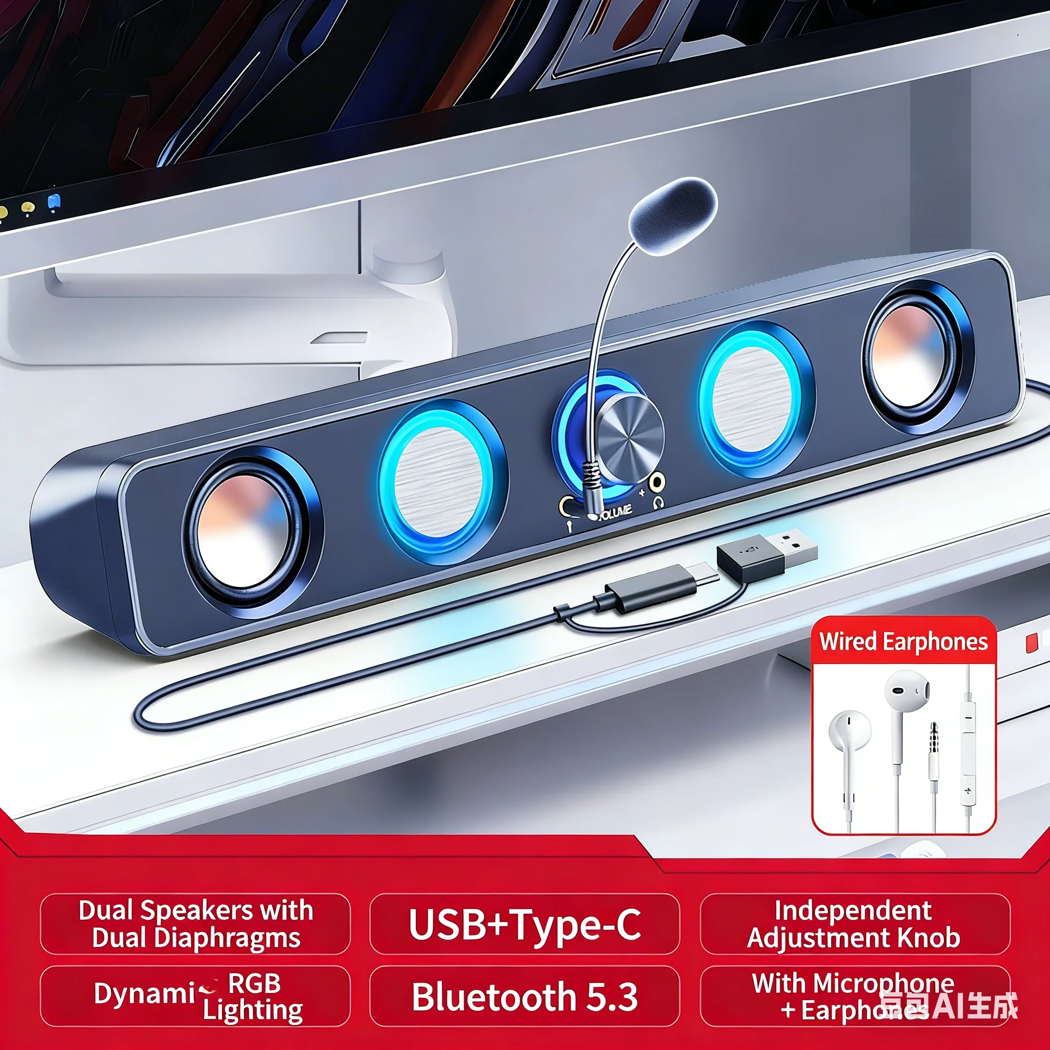 Rgb Computer Soundbar For Pc - Home Theater Speakers System Soundbar RGB